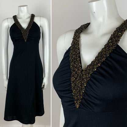 VINTAGE 70S BLACK GOLD BEADED HALTER NECK DRESS 6 8