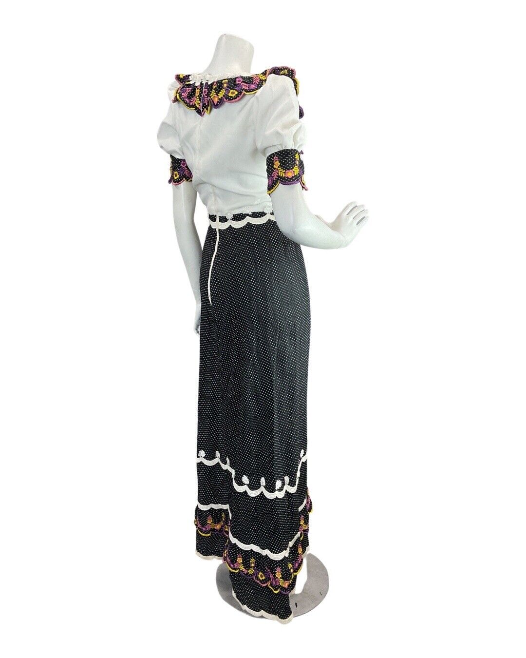 VTG 60s 70s BLACK WHITE PINK POLKA-DOT FLORAL EMBROIDERED BOHO MOD MAXI DRESS 8