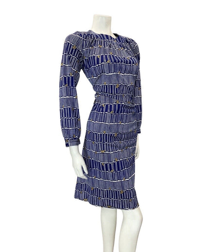 VINTAGE 70s BLUE WHITE STRIPED NEW WAVE MOD LONGSLEEVE BLOUSON DRESS 16