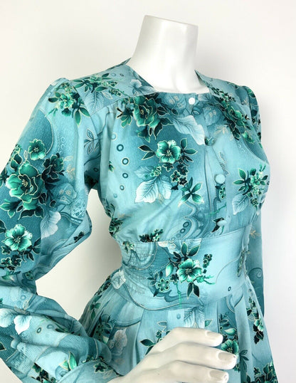 VINTAGE 60s 70s SEA BLUE GREEN GOLD FLORAL LEAFY SWIRL MAXI DRESS 14 16