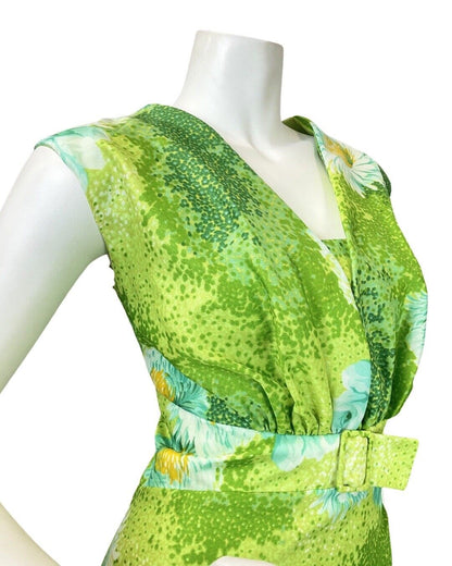 VINTAGE 60s 70s LIME GREEN WHITE DOTTY DAISY FLOWER SLEEVELESS MAXI DRESS 14 16