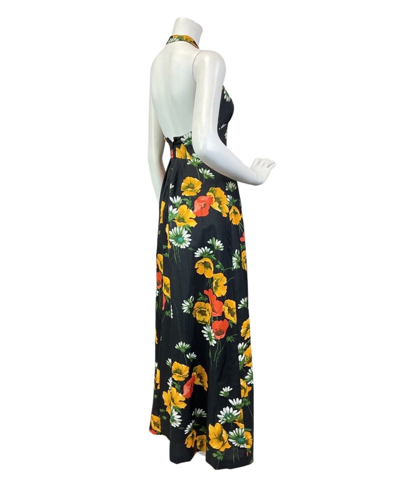 VINTAGE 60s 70s BLACK RED YELLOW POPPY DAISY FLOWER HALTER MAXI DRESS 4