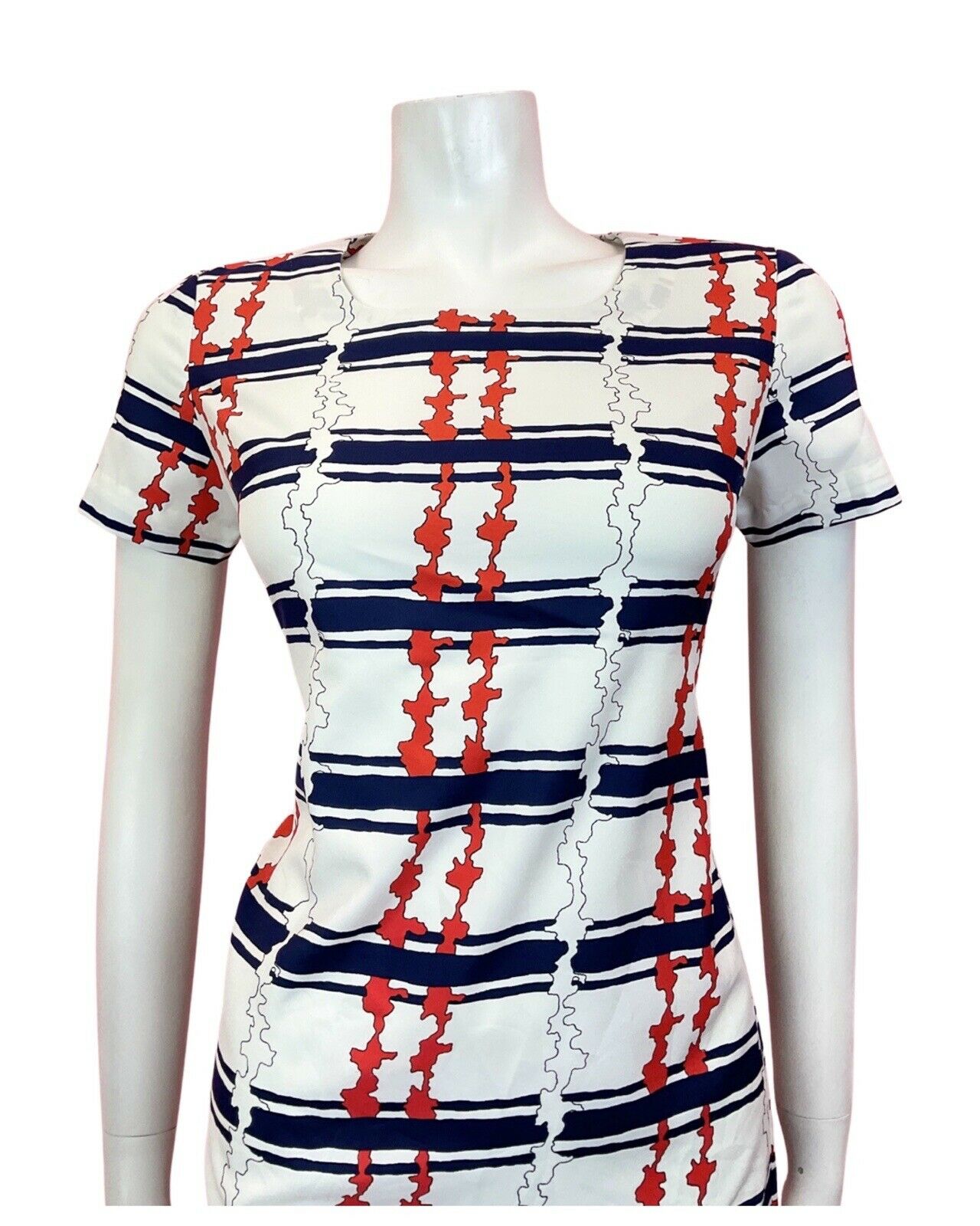 VINTAGE 60s 70s WHITE RED BLUE STRIPED MOD SCOOTER SHIFT MINI DRESS 8 10