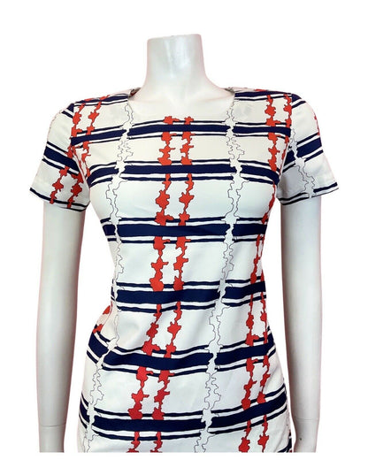 VINTAGE 60s 70s WHITE RED BLUE STRIPED MOD SCOOTER SHIFT MINI DRESS 8 10