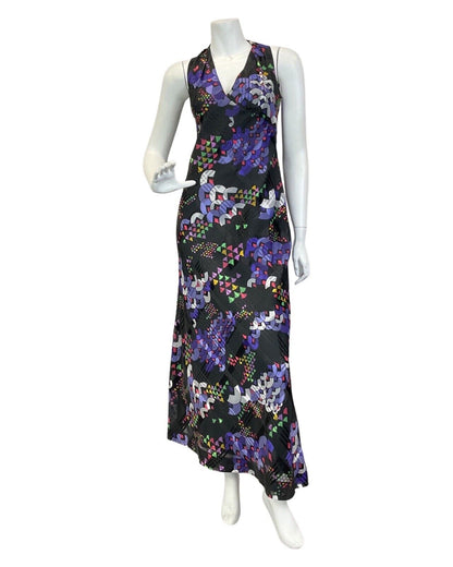 VINTAGE 60s 70s BLACK GREEN PURPLE GEOMETRIC PLAID SLEEVELESS MAXI DRESS 6