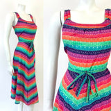 VTG 60s 70s GREEN BLUE RED RAINBOW STRIPED STRAPPY APRON SUMMER SUN DRESS 6 8