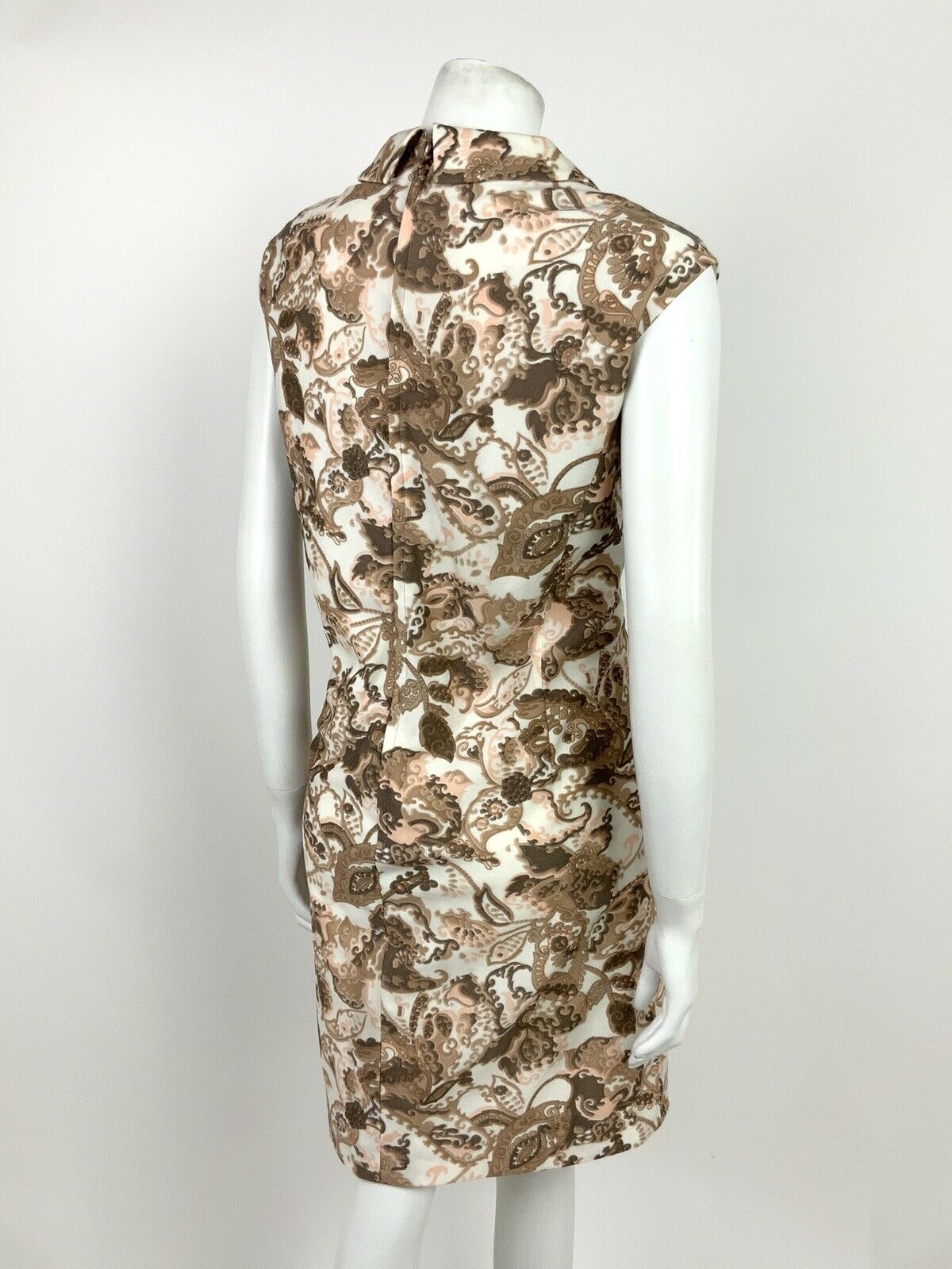 VTG 60s 70s WHITE BEIGE BROWN PINK FLORAL PAISLEY SLEEVELESS SHIFT DRESS 16 18