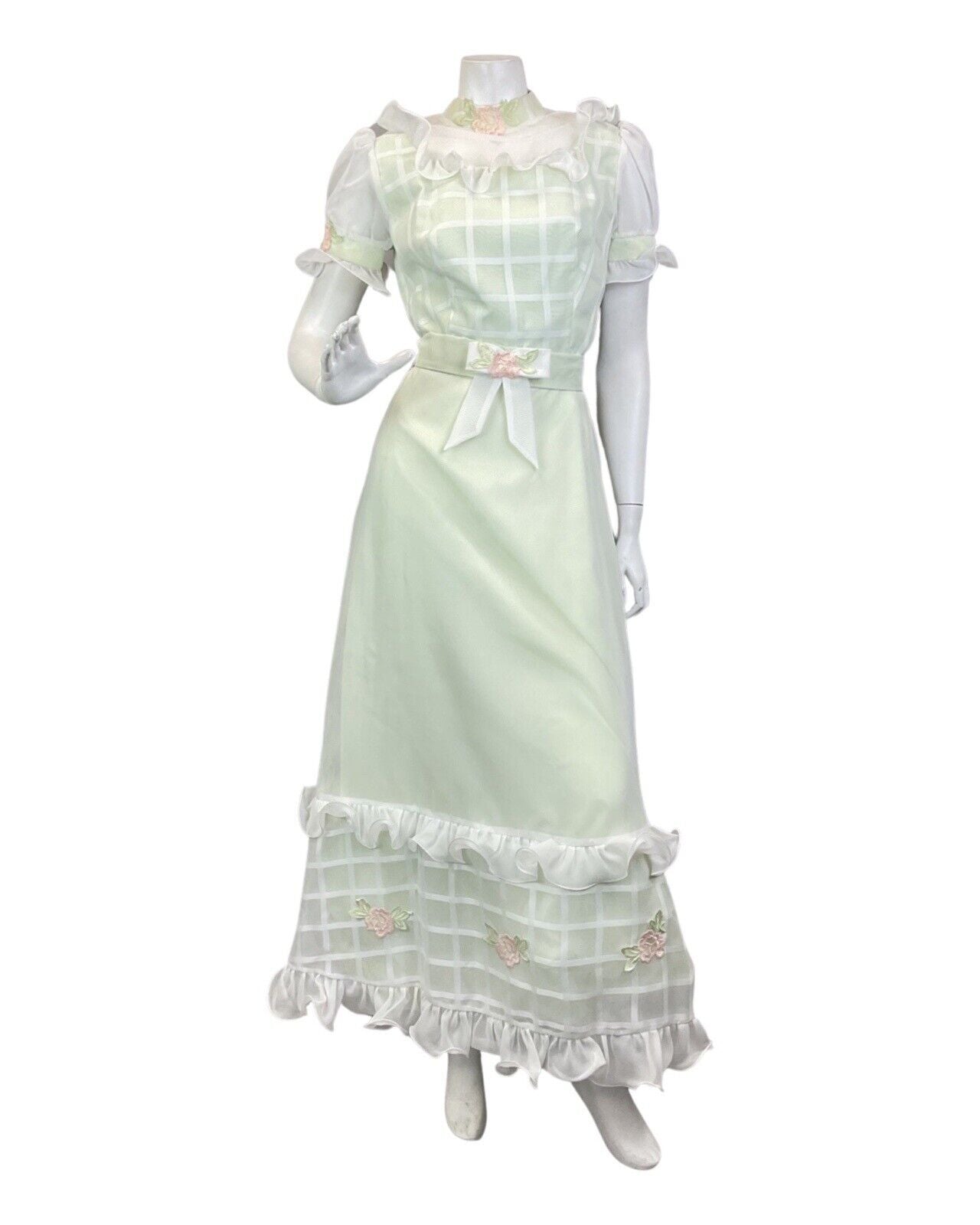 VINTAGE 60s 70s PISTACHIO GREEN WHITE RUFFLED ROSE SHEER PRAIRIE MAXI DRESS 8