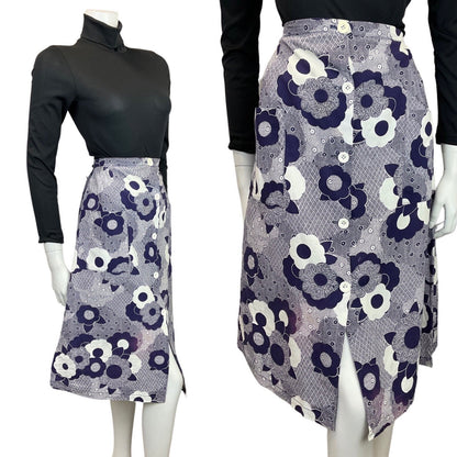 VINTAGE 60s 70s BLUE WHITE FLORAL DAISY GEOMETRIC MOD A-LINE MIDI SKIRT 8