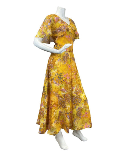 VINTAGE 60s 70s YELLOW PINK PURPLE FLORAL LEAFY PRAIRIE FLOATY MAXI DRESS 14