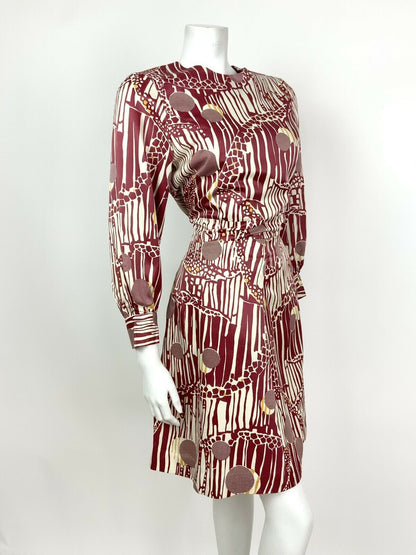 VINTAGE 60s 70s CHERRY RED WHITE GOLD GEOMETRIC PSYCHEDELIC DRESS 12 14