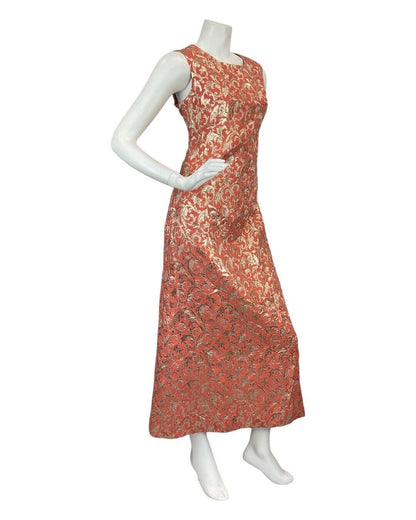 VINTAGE 60s 70s ORANGE GOLD FLORAL SWIRLING BROCADE MOD SLEEVELESS MAXI DRESS 12