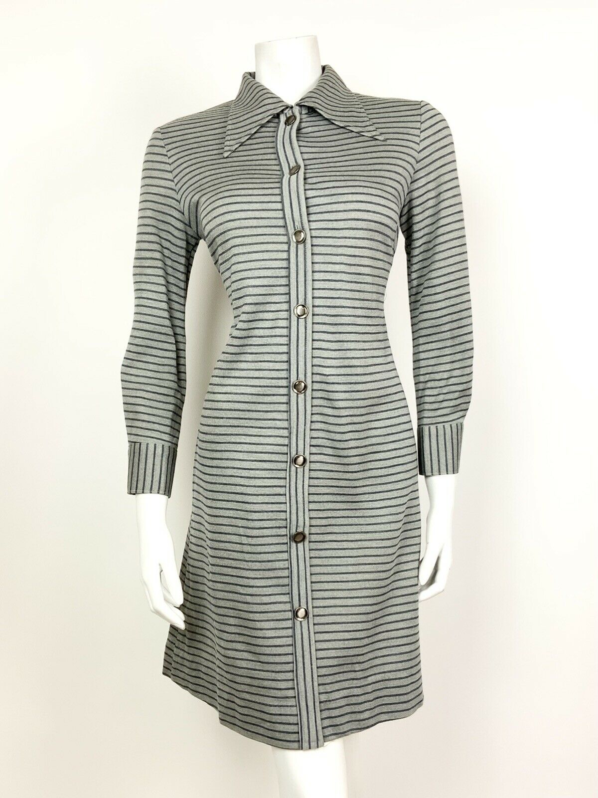 VINTAGE 60s 70s GREY BLUE STRIPED DAGGER COLLAR MOD SHIFT SCOOTER DRESS 8 10