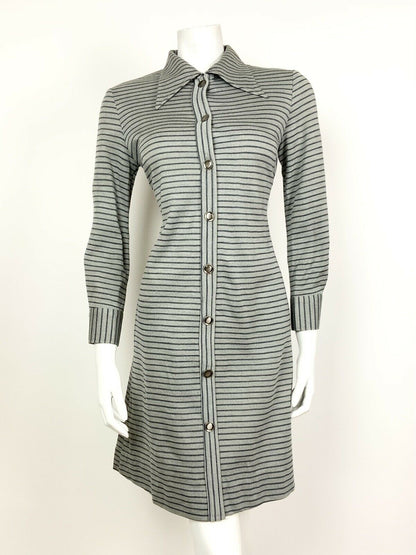 VINTAGE 60s 70s GREY BLUE STRIPED DAGGER COLLAR MOD SHIFT SCOOTER DRESS 8 10