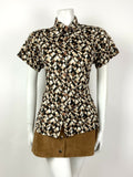 VTG 60s 70s BROWN CREAM WHITE GEOMETRIC DAISY MOD DAGGER SHIRT BLOUSE 14 16