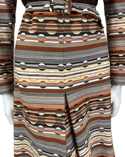 VINTAGE 60S 70S BROWN BEIGE TAN STRIPED ABSTRACT  PRINT MIDI DRESS 14 16