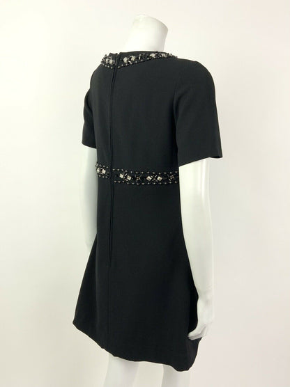 VINTAGE 60s BLACK SILVER BEADED DIAMANTE PARTY GLAM SHIFT DRESS 10 12