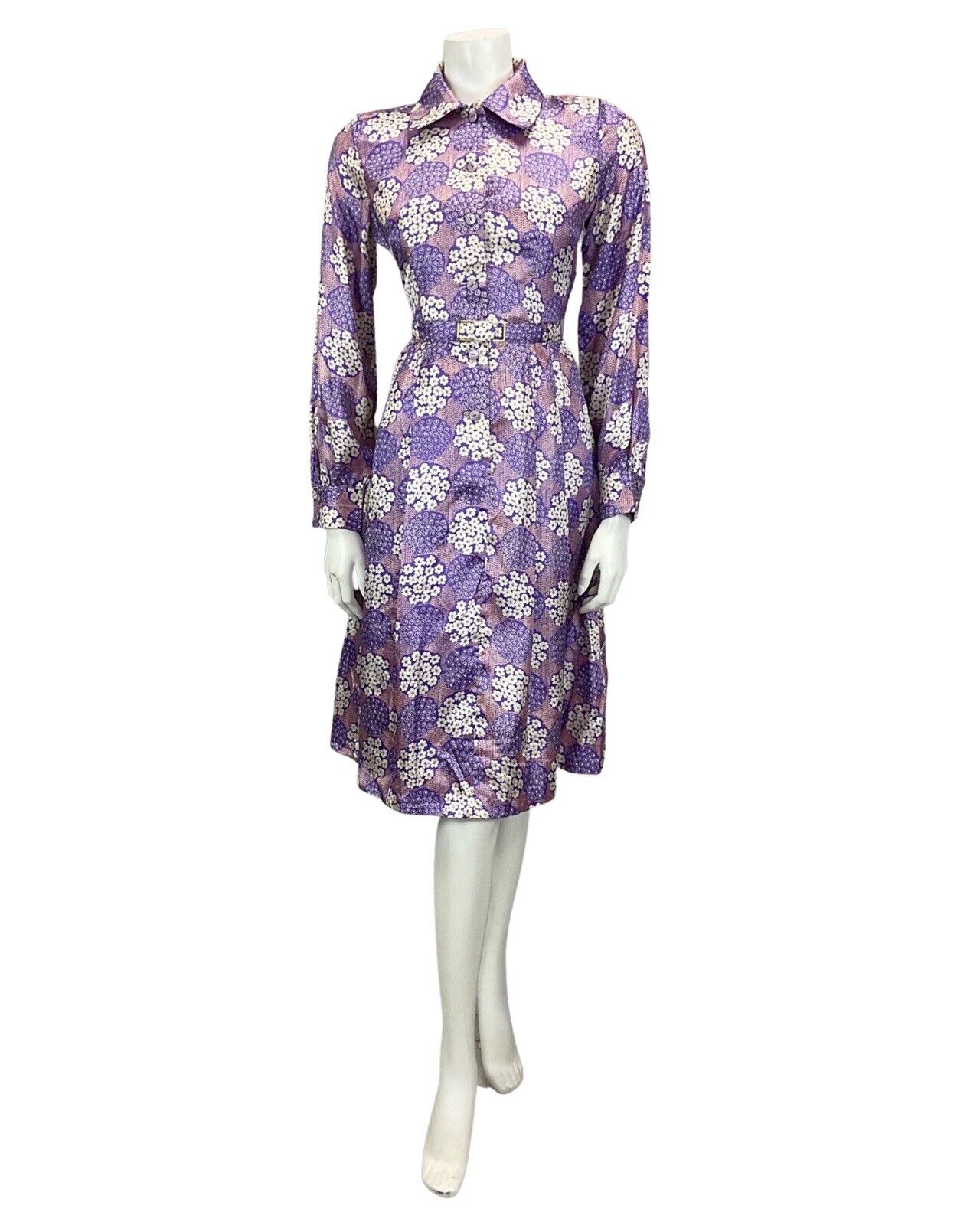 VINTAGE 60S 70S PURPLE LILAC FLORAL PRINT BOHO PSYCHEDELIC MIDI DRESS 12