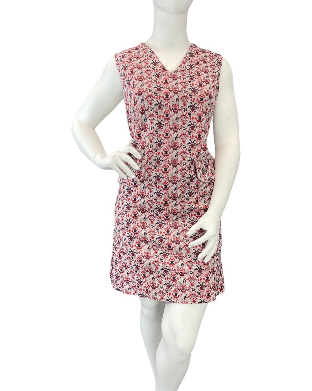 VTG 60s 70s CREAM RED BLUE GEOMETRIC MOD FLORAL LEAFY SLEEVELESS MOD DRESS 16