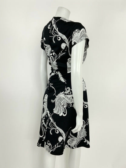 VINTAGE 60s 70s BLACK WHITE FLORAL GRECIAN PAISLEY WRAP DRESS 12 14