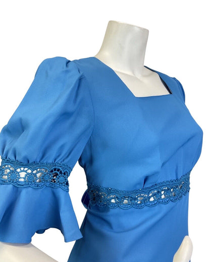 VINTAGE 60s 70s BRIGHT BLUE EMBROIDERED ANGLAISE BOHO PRAIRIE MAXI DRESS 8 10