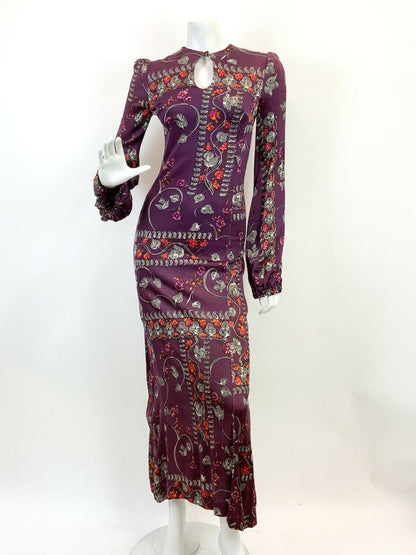 VTG 60s 70s PURPLE WHITE ORANGE FLORAL PAISLEY VINE MOD BOHO FOLK MAXI DRESS 6 8