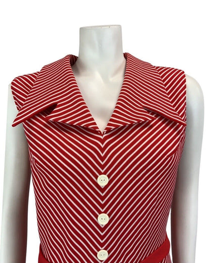 VINTAGE 60s 70s RED WHITE STRIPED DAGGER COLLAR SLEEVELESS MIDI SHIRT DRESS 14