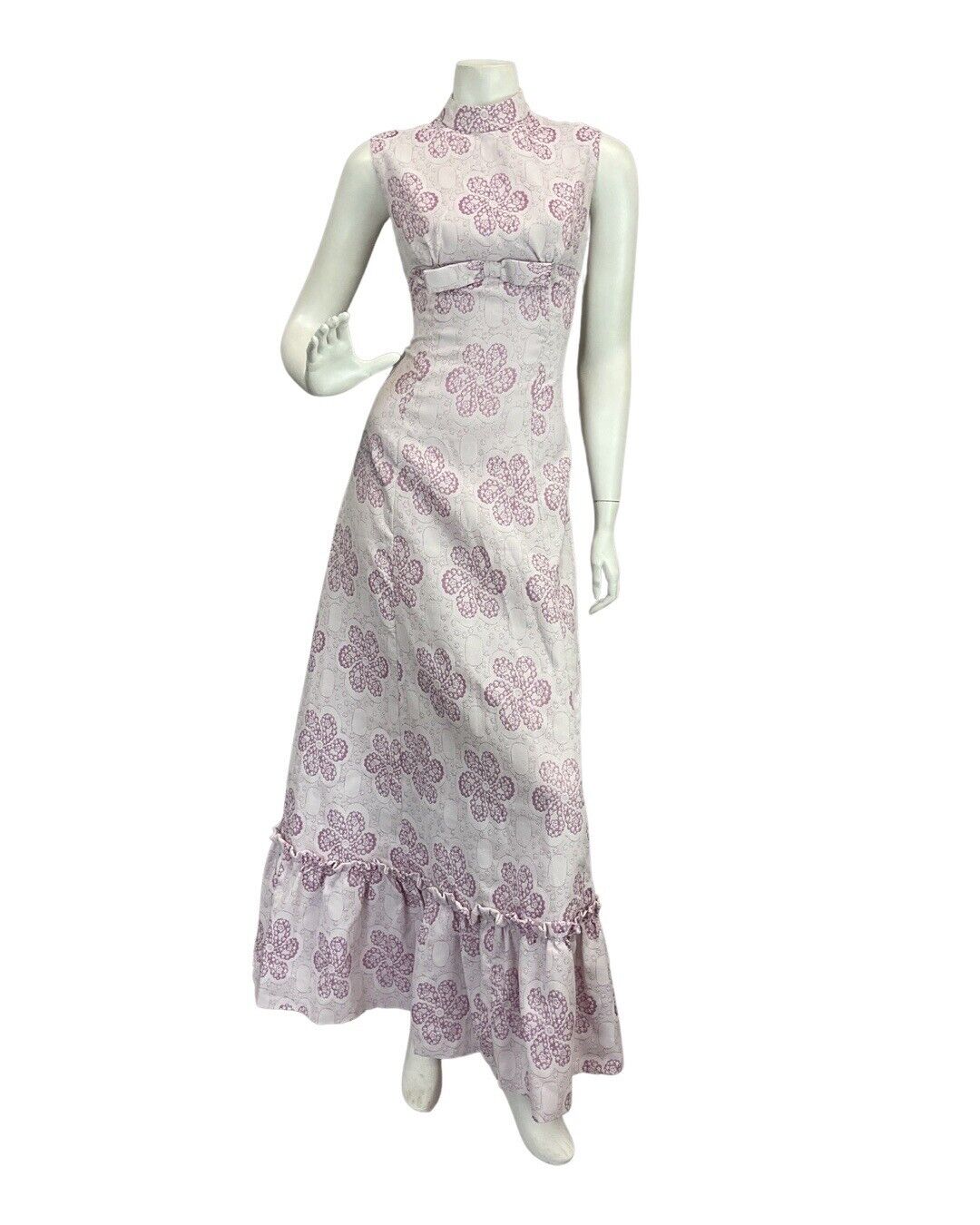 VINTAGE 60s 70s PASTEL PURPLE PINK FLORAL BOW MOD SLEEVELESS MAXI DRESS 10 12