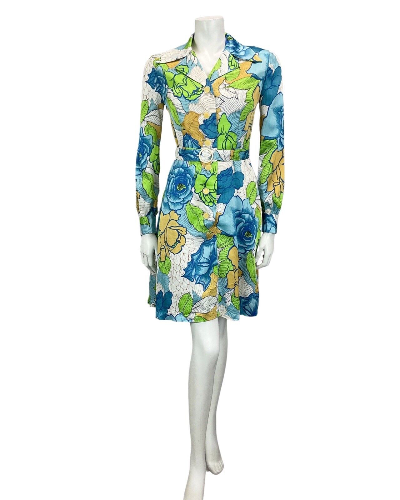 VINTAGE 60S 70S WHITE BLUE GREEN YELLOW FLORAL PRINT BOHO MOD MINI DRESS 10 12