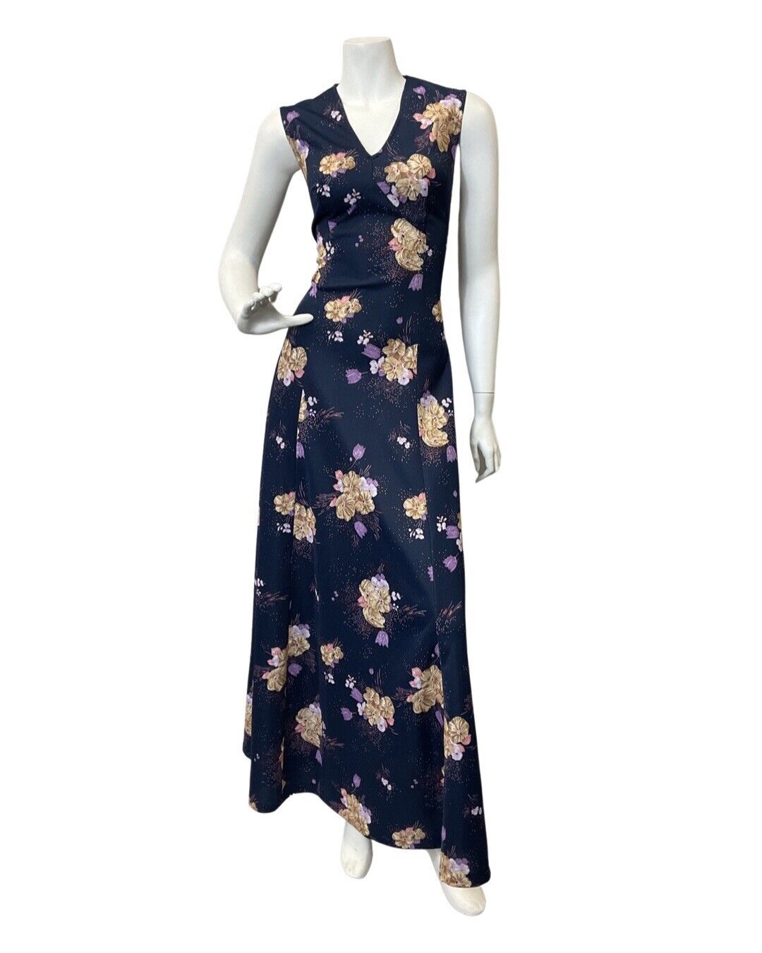 VINTAGE 60s 70s BLUE PURPLE CREAM FLORAL SLEEVELESS MAXI DRESS 10 12