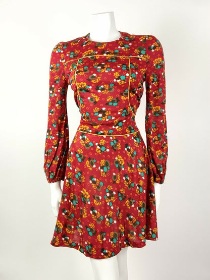 VINTAGE 60s 70s RED YELLOW BLUE FLORAL DITSY MOD PUFF SLEEVE MINI DRESS 8 10