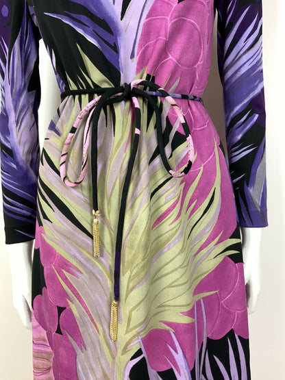 VTG 60s 70s PURPLE PINK BLACK GOLD FLORAL FEATHER TURTLENECK BELTED DRESS 10 12