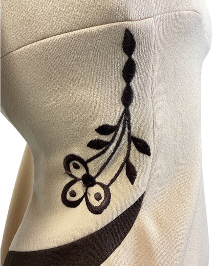 VINTAGE 60s 70s CREAM BROWN FLORAL EMBROIDERED MOD SHORT MINI DRESS 10 12