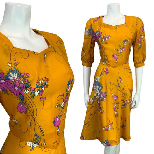 VINTAGE 60s 70s ORANGE MUSTARD YELLOW PINK BLUE FLORAL PRINT MIDI DRESS 10 12