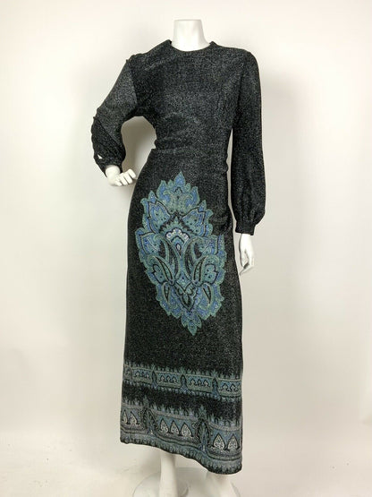 VINTAGE 60s 70s BLACK SILVER BLUE PAISLEY MANDALA ETHNIC LUREX MAXI DRESS 12 14