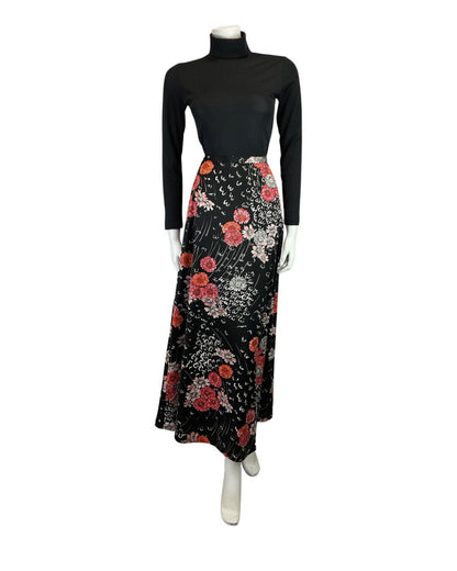 VINTAGE 60s 70s BLACK GREY RED GERBERA FLOWER BOHO MAXI SKIRT 8