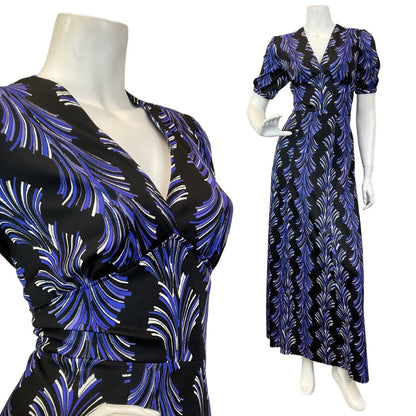 VINTAGE 60s 70s BLACK PURPLE WHITE ACANTHUS DECO MAXI DRESS 12 14