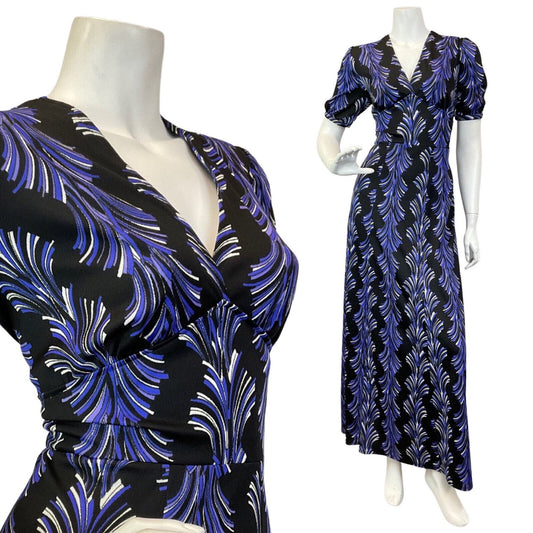 VINTAGE 60s 70s BLACK PURPLE WHITE ACANTHUS DECO MAXI DRESS 12 14