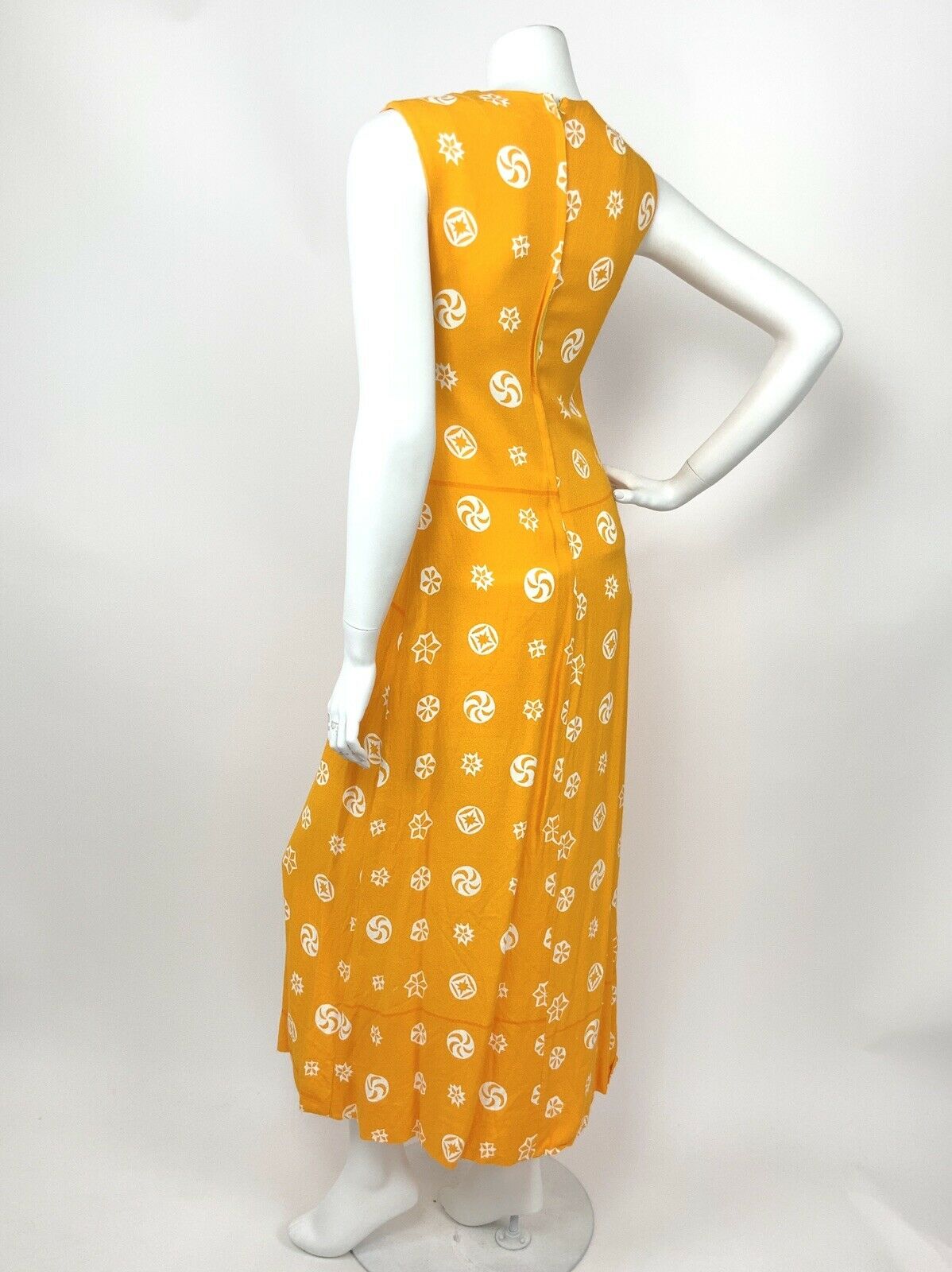 VINTAGE 60s 70s YELLOW ORANGE WHITE ABSTRACT STAR CIRCLE PINWHEEL MAXI DRESS 8