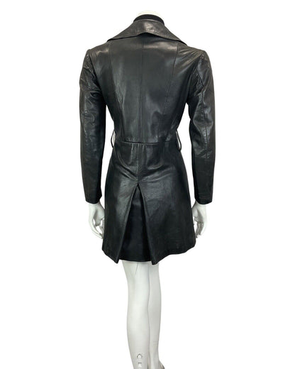 VINTAGE 60s 70s BLACK LEATHER BIG ROUNDED COLLAR MOD TRENCH JACKET 10 12