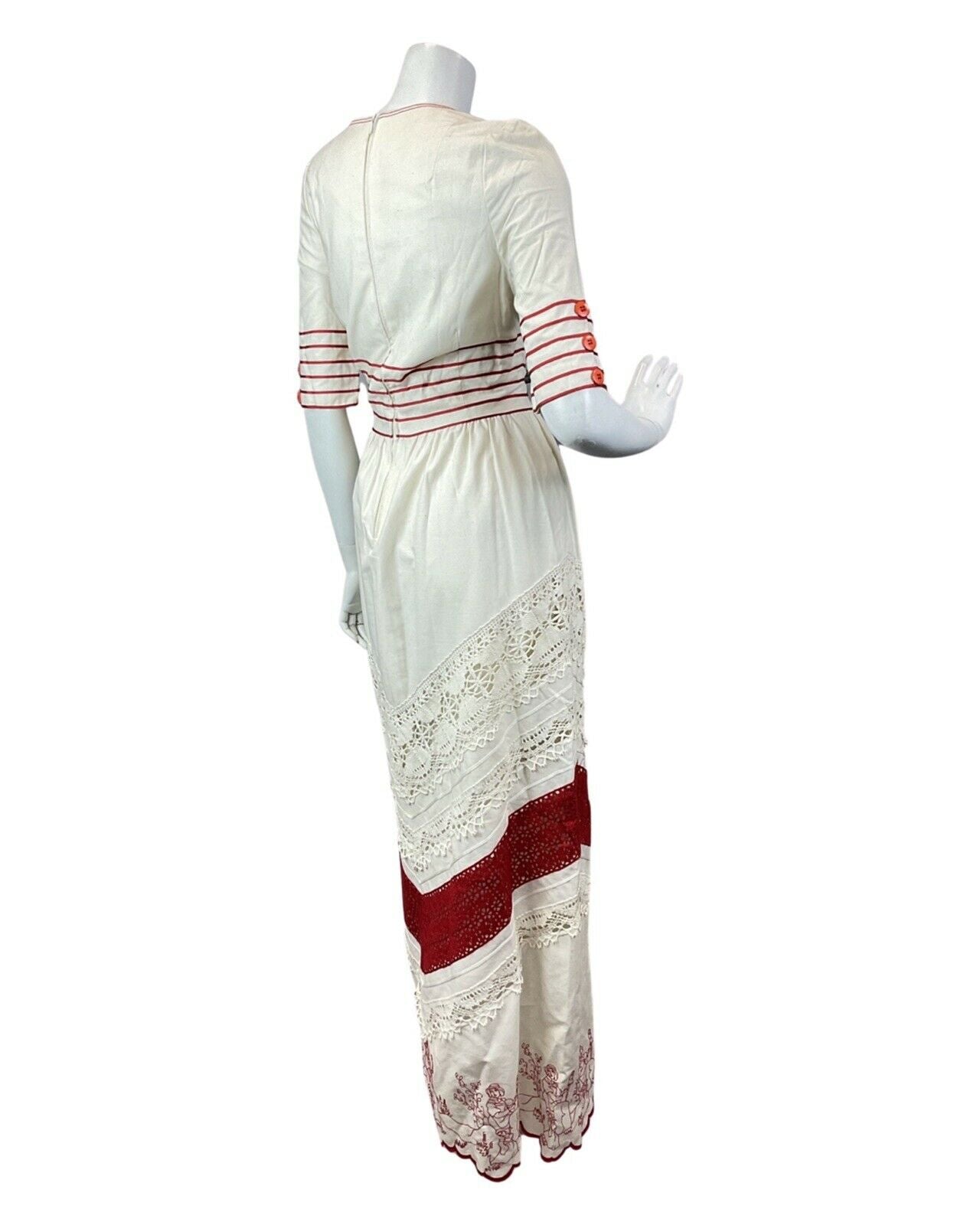 VINTAGE 60s 70s CREAM RED EMBROIDERED LACE STRIPED BOHO FOLK MAXI DRESS 10