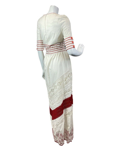 VINTAGE 60s 70s CREAM RED EMBROIDERED LACE STRIPED BOHO FOLK MAXI DRESS 10