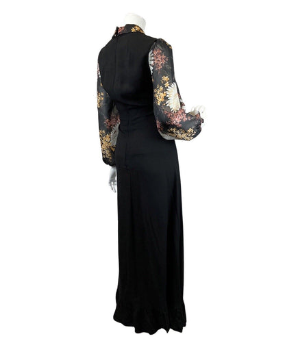 VINTAGE 60s 70s BLACK BROWN BEIGE FLORAL BOHO COWL NECK MAXI DRESS 14 16