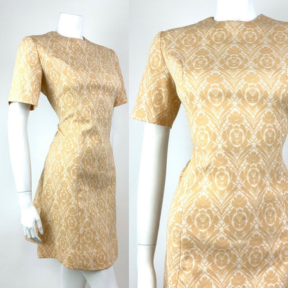 VINTAGE 60s 70s BEIGE WHITE FLORAL DAMASK MOD SCOOTER MINI FITTED DRESS 14 16