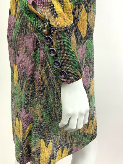 VINTAGE 60s 70s BLACK GREEN YELLOW PURPLE FLORAL SILVER GLITTER SHIRT DRESS 8 10