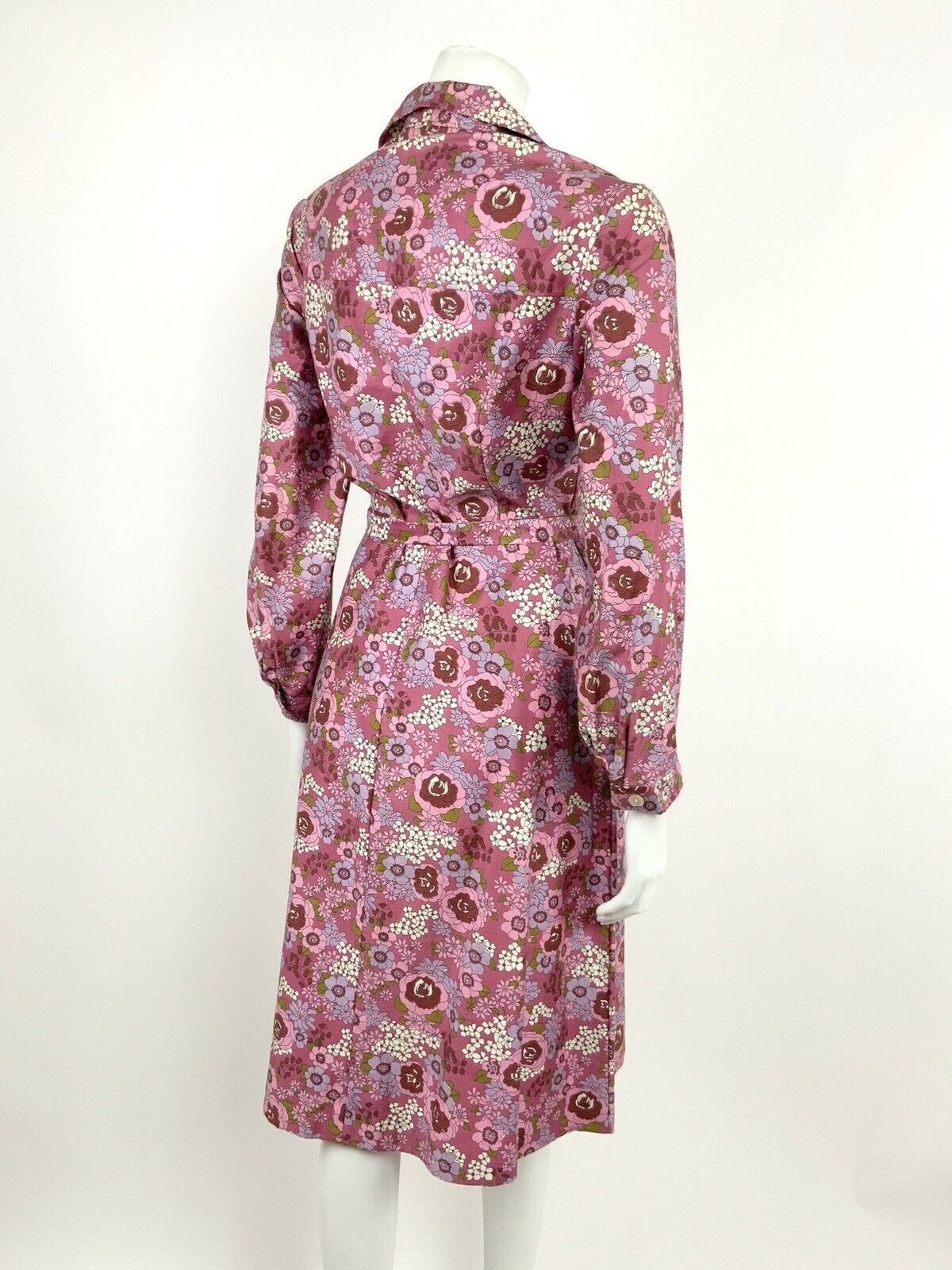 VTG 60s 70s PINK PURPLE GREEN WHITE FLORAL ROSE PSYCHEDELIC SHIRT DRESS 10 12