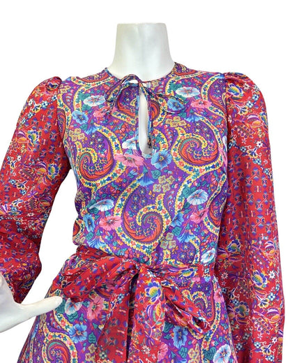 VINTAGE 70s PURPLE RED BLUE  PSYCHEDELIC FLORAL PAISLEY BOHO FOLK MAXI DRESS 8