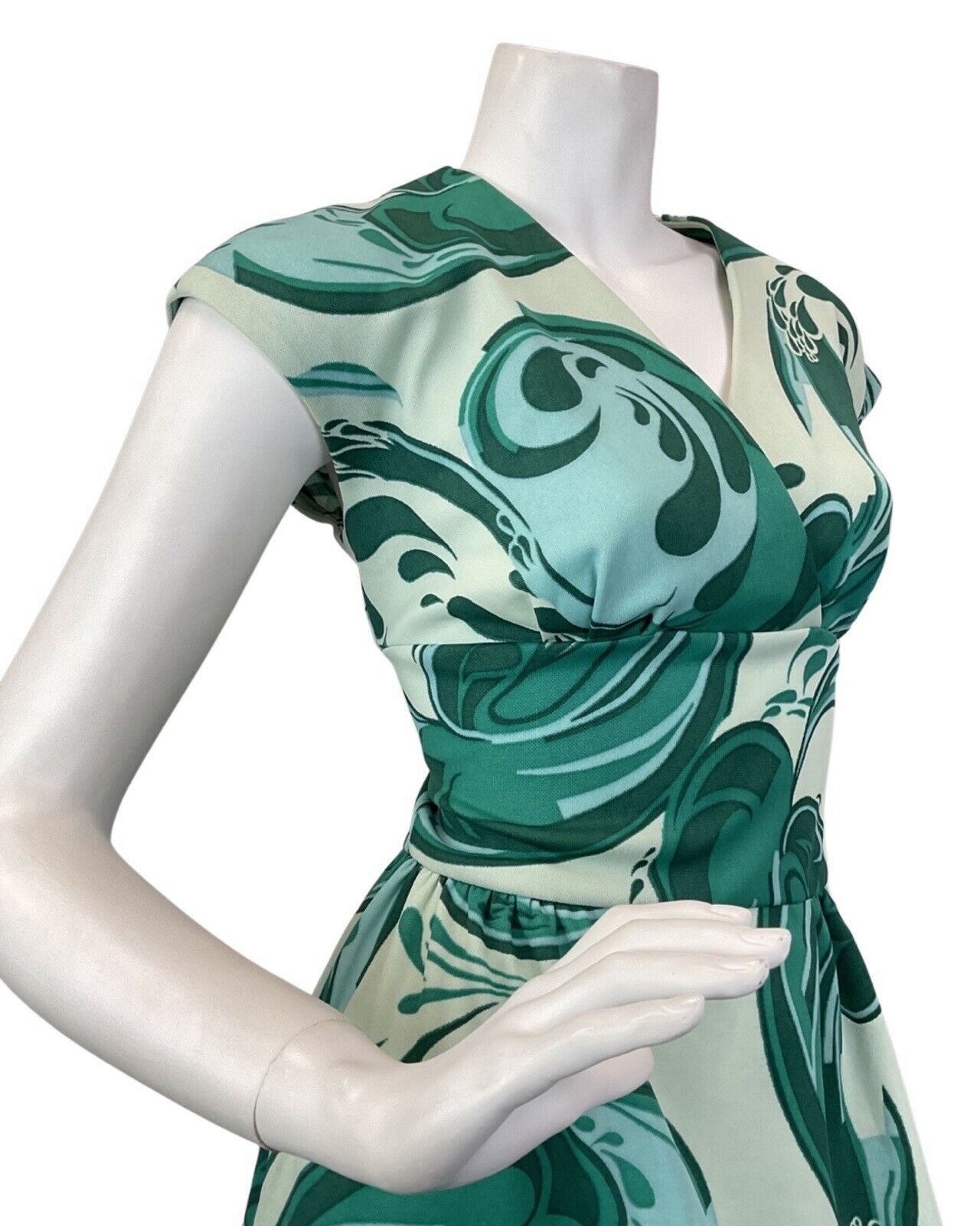 VINTAGE 60s 70s GREEN MINT PSYCHEDELIC SWIRL SLEEVELESS MAXI DRESS 8