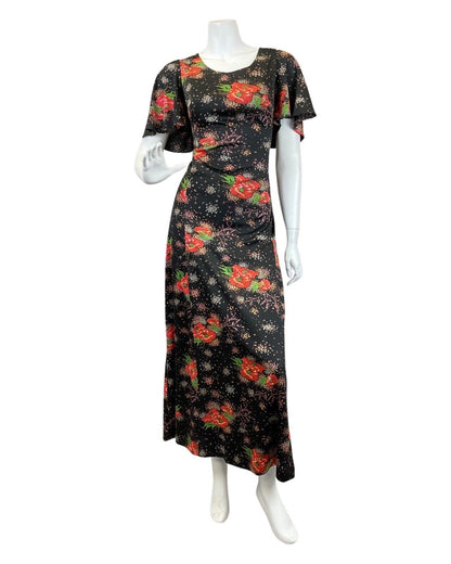 VINTAGE 60s 70s BLACK RED GREEN POPPY FLOWER DOTTY MAXI DRESS 14 16