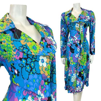 VINTAGE 60s 70s BLUE GREEN BLACK FLORAL PSYCHEDELIC HOUSECOAT WRAP DRESS 12 14